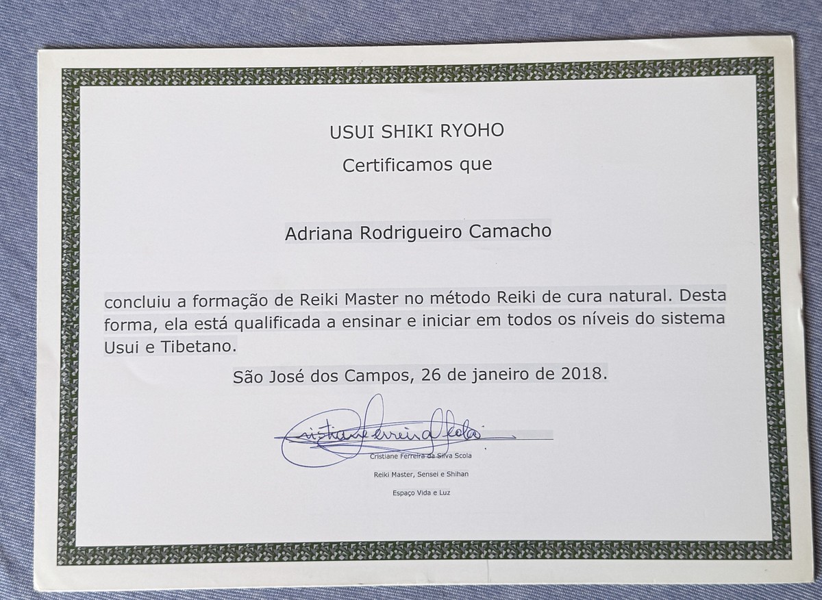 Certificado oficial de Reiki Master Usui Shiki Ryoho de Adriana Soria
